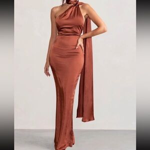 MADEMOISELLE
RUST BACKLESS SATIN ASYMMETRIC SCARF NECK MAXI DRESS